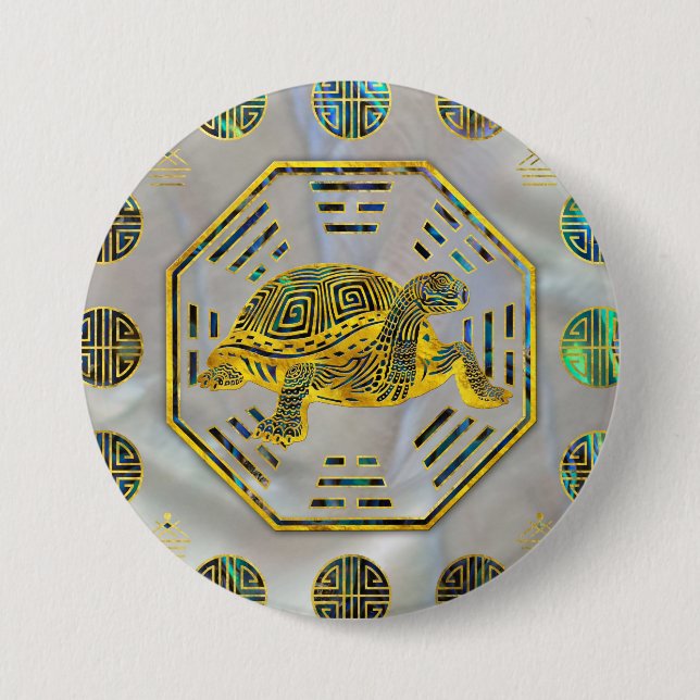 Golden Tortoise / Turtle Feng Shui Abalone Shell 3 Inch Round Button (Front)