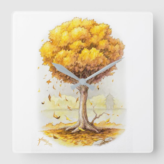 Golden Tranquillity Square Wall Clock (Front)