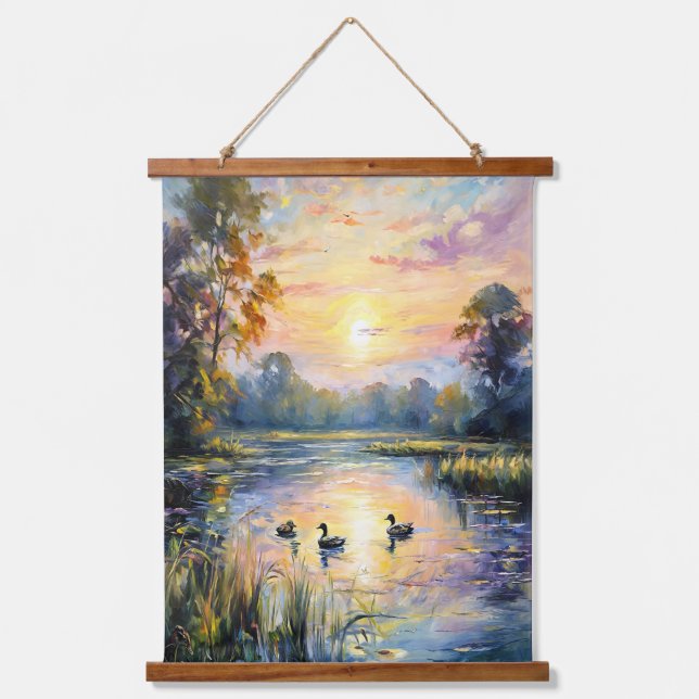 Golden Tranquillity Sunset Pond Landscape with Duc Hanging Tapestry (Front)