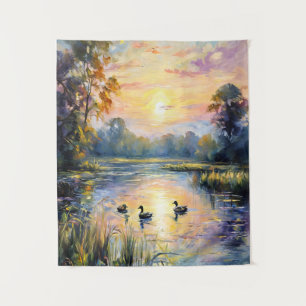 Golden Tranquillity Sunset Pond Landscape with Duc Tapestry