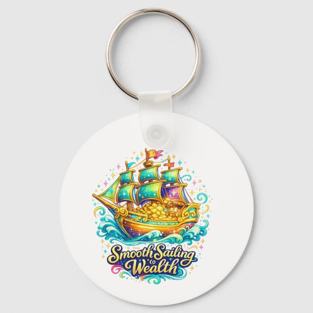 Golden Treasure Ship Abundance Round Keychain (Front)