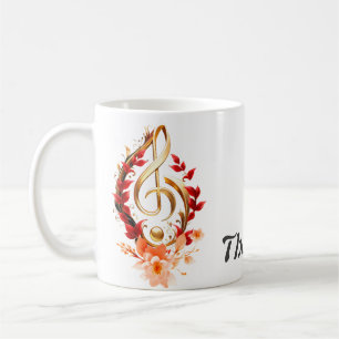 Golden treble clef with red leaves.  coffee mug