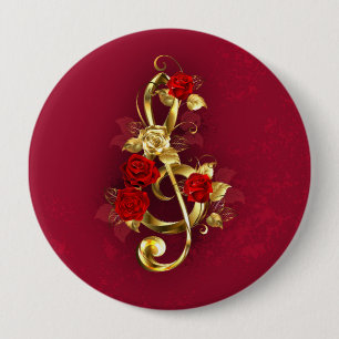 Golden Treble Clef with Rose Flowers 4 Inch Round Button