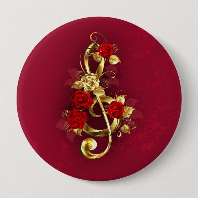 Golden Treble Clef with Rose Flowers 4 Inch Round Button (Front)