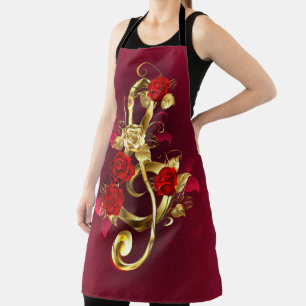 Golden Treble Clef with Rose Flowers Apron