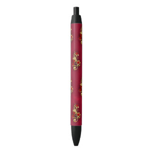 Golden Treble Clef with Rose Flowers Black Ink Pen
