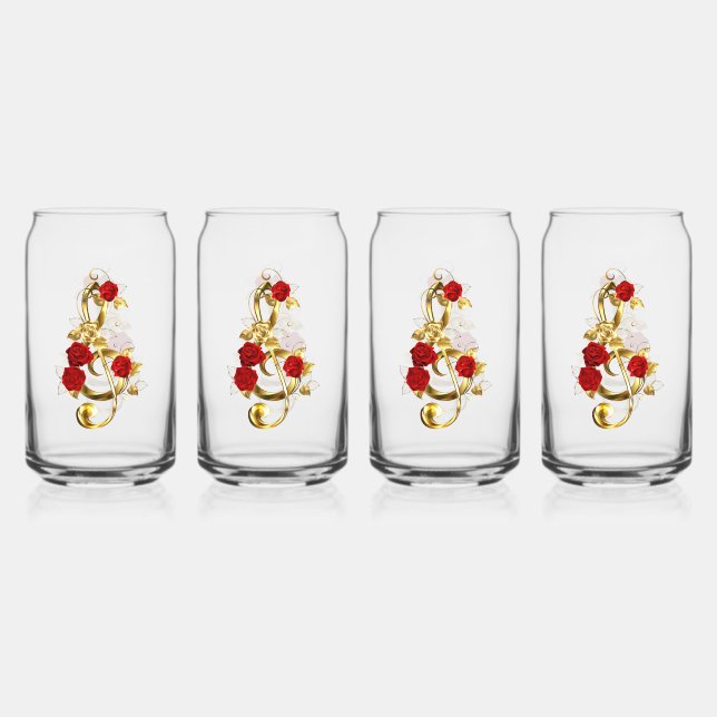 Golden Treble Clef with Rose Flowers Can Glass (Front)