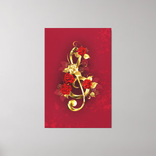 Golden Treble Clef with Rose Flowers Canvas Print