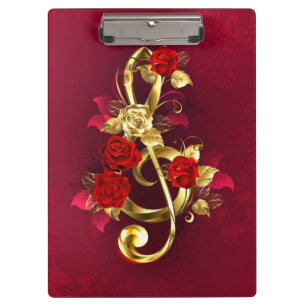 Golden Treble Clef with Rose Flowers Clipboard
