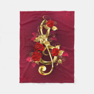 Golden Treble Clef with Rose Flowers Fleece Blanket