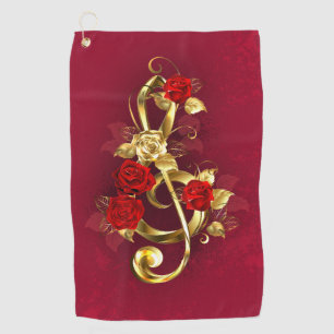Golden Treble Clef with Rose Flowers Golf Towel