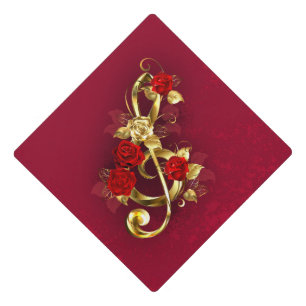 Golden Treble Clef with Rose Flowers Graduation Cap Topper
