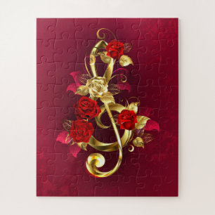 Golden Treble Clef with Rose Flowers Jigsaw Puzzle