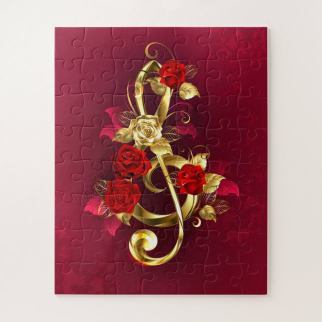 Golden Treble Clef with Rose Flowers Jigsaw Puzzle (Vertical)