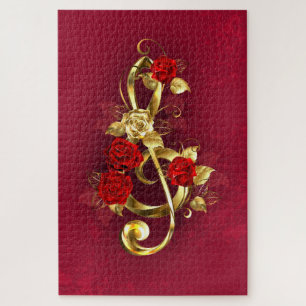 Golden Treble Clef with Rose Flowers Jigsaw Puzzle