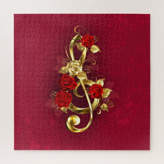 Golden Treble Clef with Rose Flowers Jigsaw Puzzle (Vertical)