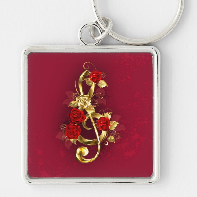 Golden Treble Clef with Rose Flowers Keychain (Front)