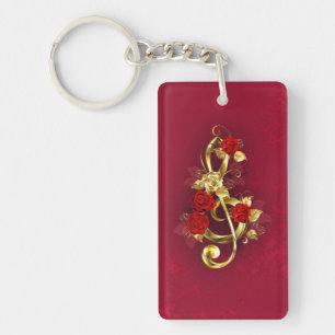 Golden Treble Clef with Rose Flowers Keychain