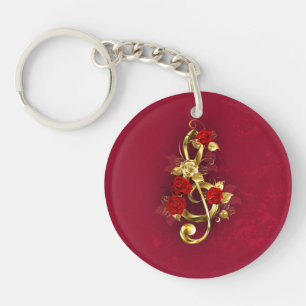 Golden Treble Clef with Rose Flowers Keychain