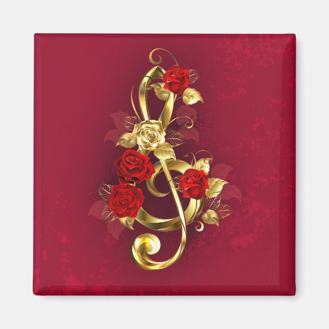 Golden Treble Clef with Rose Flowers Magnet (Front)