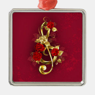 Golden Treble Clef with Rose Flowers Metal Ornament