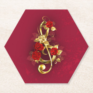 Golden Treble Clef with Rose Flowers Paper Coaster