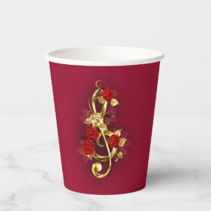 Golden Treble Clef with Rose Flowers Paper Cups