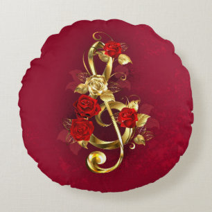 Golden Treble Clef with Rose Flowers Round Pillow