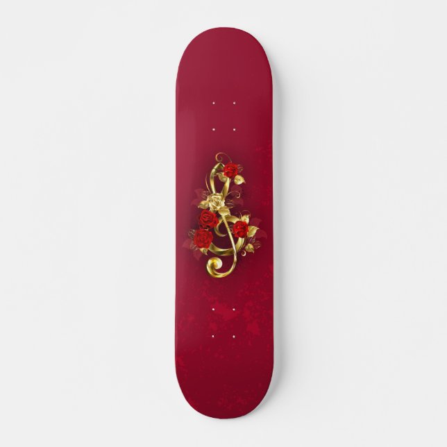 Golden Treble Clef with Rose Flowers Skateboard (Front)
