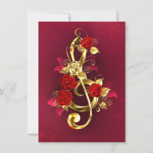 Golden Treble Clef with Rose Flowers Thank You Card
