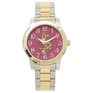 Golden Treble Clef with Rose Flowers Watch