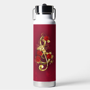 Golden Treble Clef with Rose Flowers Water Bottle