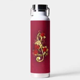 Golden Treble Clef with Rose Flowers Water Bottle