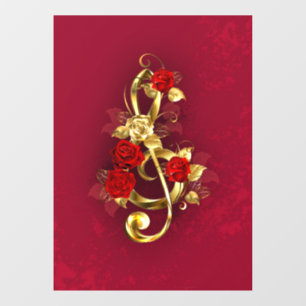 Golden Treble Clef with Rose Flowers Window Cling
