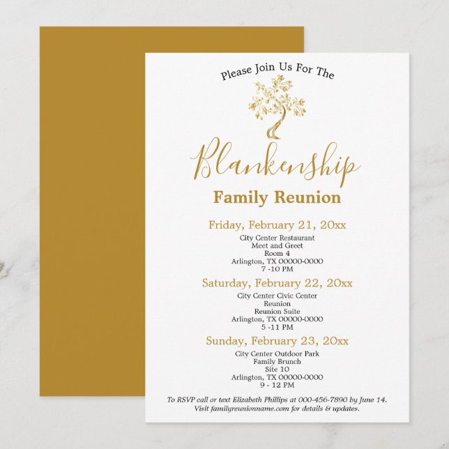 Golden Tree Black White 3-Day Family Reunion  Invitation (Front/Back)