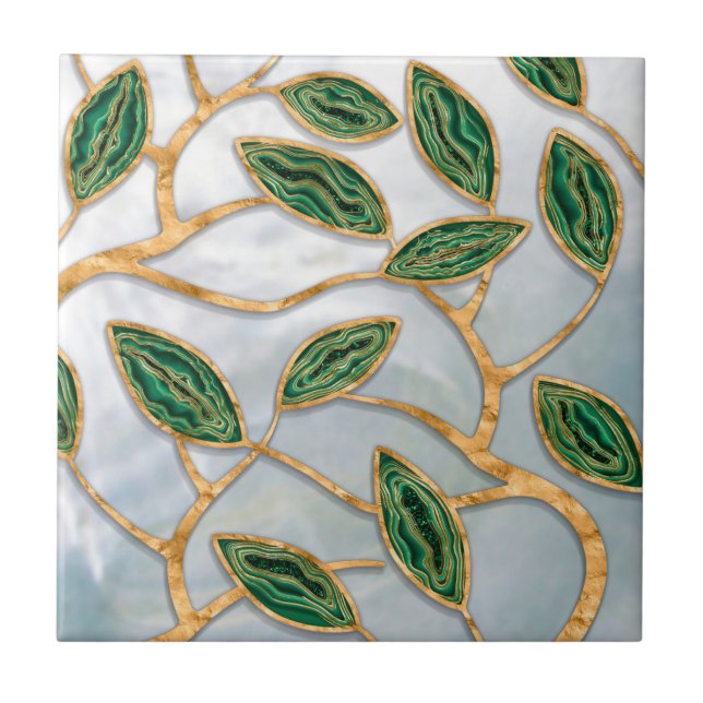 Golden Tree Branch - Malachite on pearl Tile (Front)