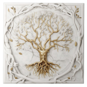 Golden Tree of Life on White Marble Effect Tile