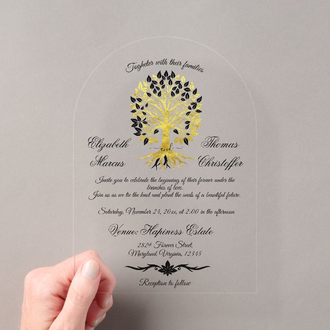 Golden Tree of Life Timeless Sophisticated Wedding Acrylic Invitations (Insitu (Handheld))