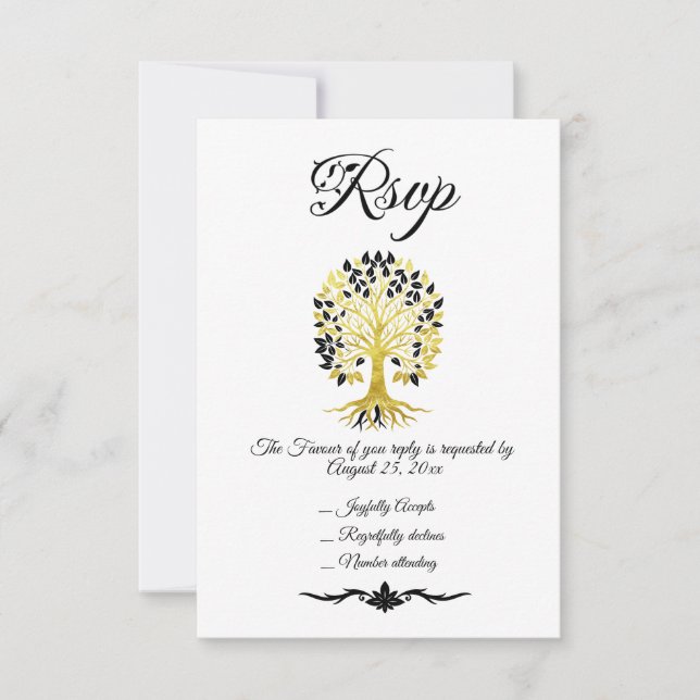 Golden Tree of Life Timeless Sophisticated Wedding RSVP Card (Front)