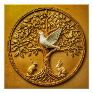 Golden Tree of Life with Dove and Bunnies Poster