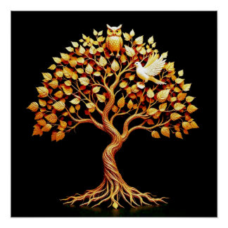 Golden Tree of Life with Owl and Dove Poster