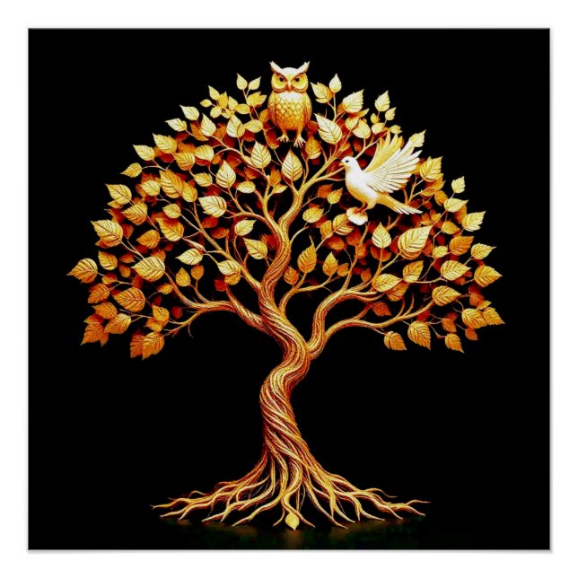 Golden Tree of Life with Owl and Dove Poster (Front)