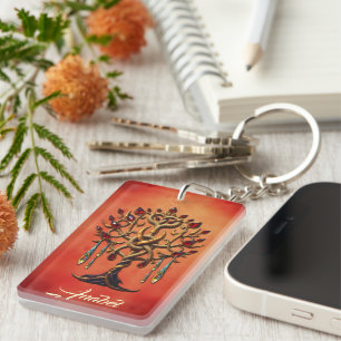 Golden Tree of Life with Red Gemstones Keychain