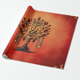 Golden Tree of Life with Red Gemstones Wrapping Paper