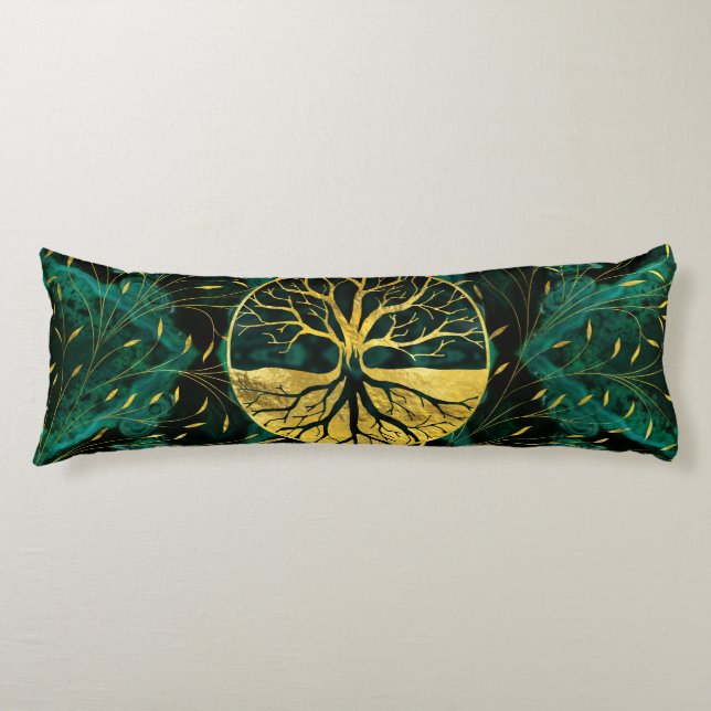 Golden Tree of Life Yggdrasil on Malachite Body Pillow (Front)