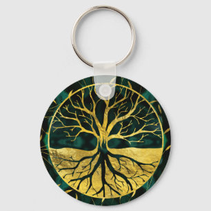 Golden Tree of Life Yggdrasil on Malachite Keychain