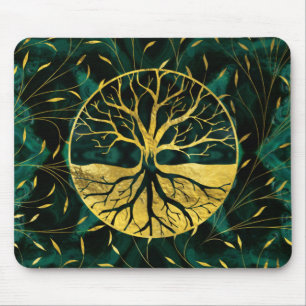 Golden Tree of Life Yggdrasil on Malachite Mouse Pad