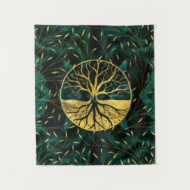 Golden Tree of Life Yggdrasil on Malachite Tapestry (Front)