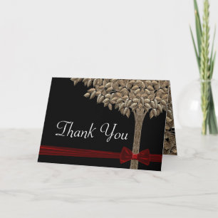 Golden Tree With Red Ribbon & Bow Thank You Card