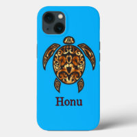 Golden Tribal Hawaiian Sea Turtle on Ocean Blue
